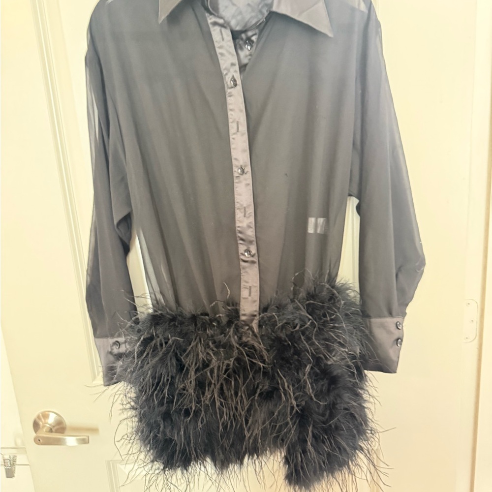 Black Feather Trim Button-Up dress